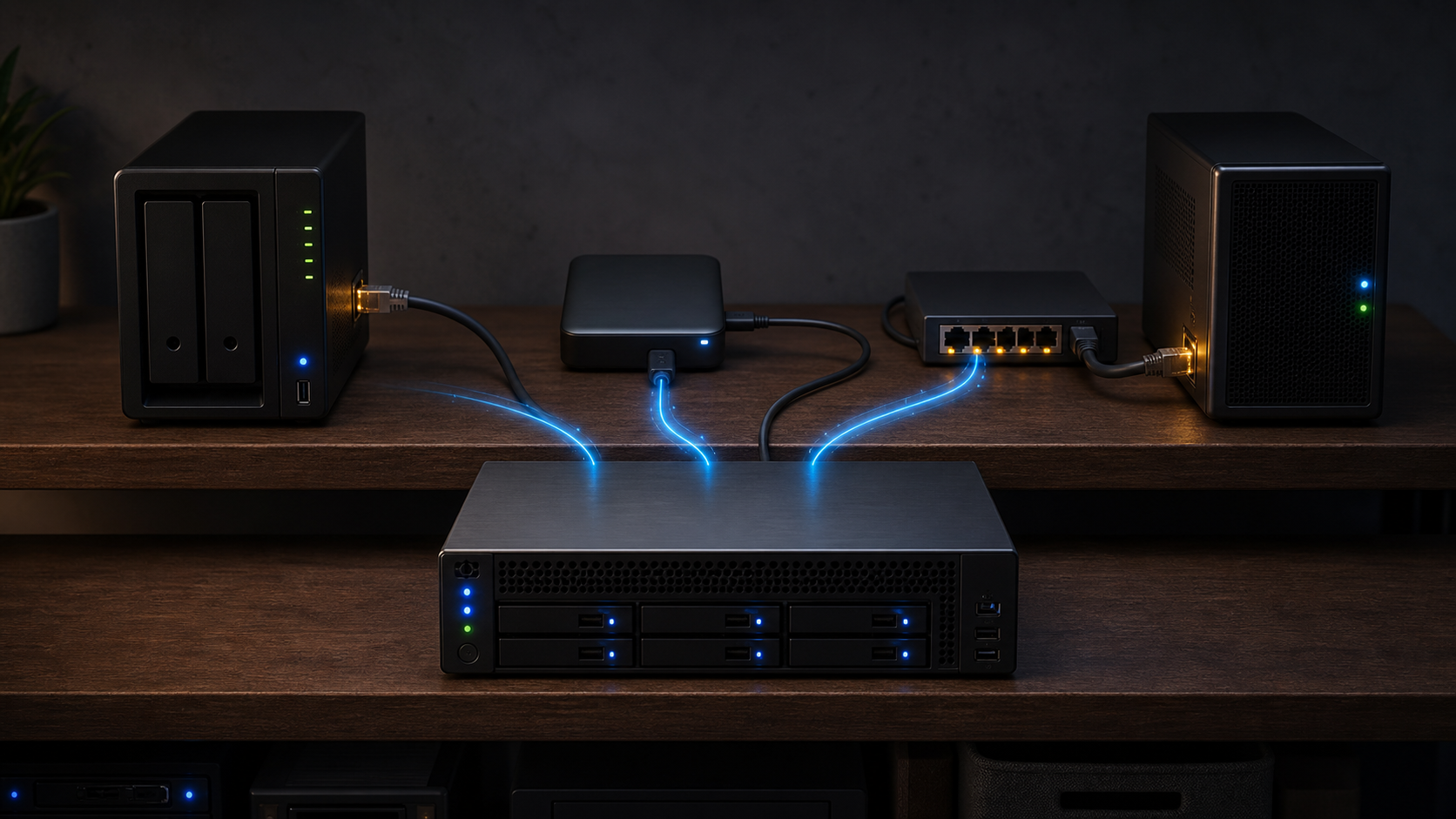 Generic Proxmox host sending backup data to a NAS, an external USB drive, and a separate backup server