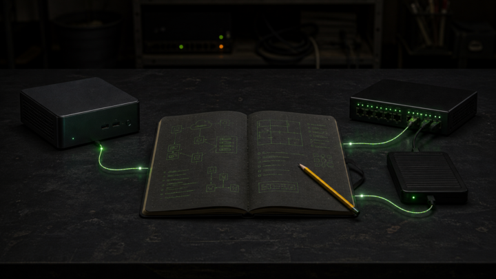 Open dark field notebook connected by green paths to a generic mini PC, network switch, and backup drive on a charcoal workbench