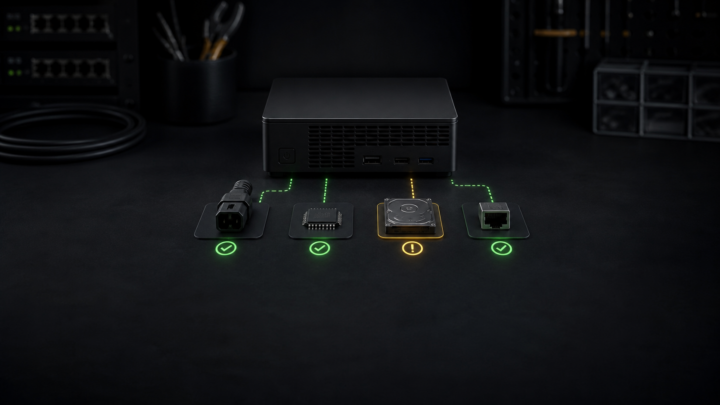 Dark editorial illustration of a generic home lab server with power, firmware, storage, and network diagnostic indicators