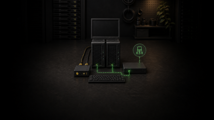 Two generic home lab servers with a local KVM console and a separate remote management appliance on a dark workbench