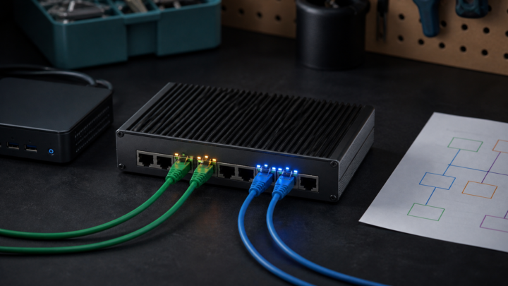 Generic fanless Ethernet switch with color-coded cables beside a mini PC and an unlabeled network plan