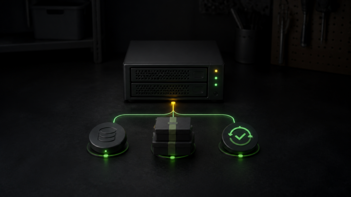 Dark editorial illustration of a generic home lab server connected to backup, package update, and verification indicators