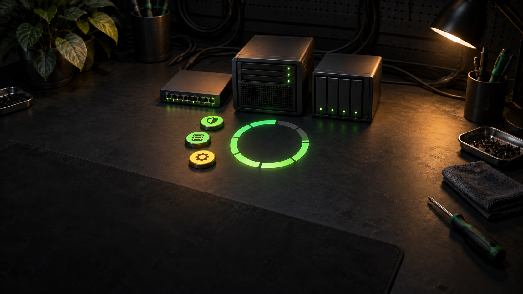 Compact server, network switch, and backup storage beside a glowing segmented maintenance timer on a dark workbench