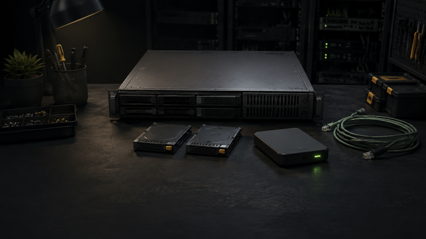 Powered-down generic rack server with removed drives, a backup device, and a disconnected network cable on a dark workbench