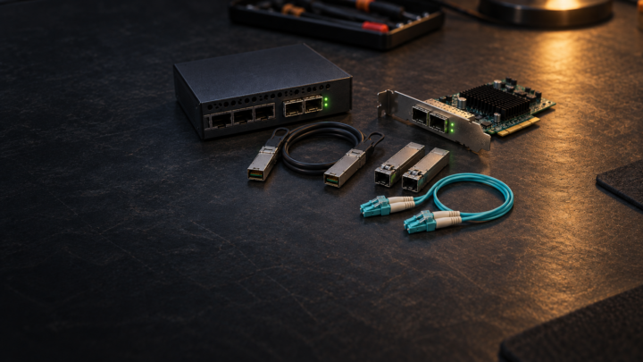 SFP+ switch ports, network card, direct-attach copper cable, optical modules, and aqua duplex fiber arranged on a dark workbench