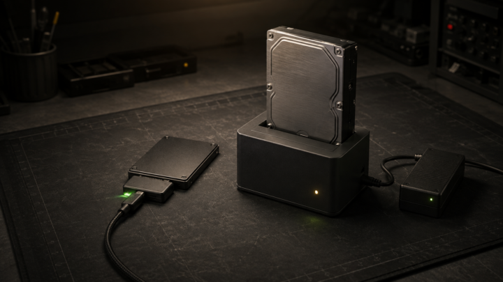Small SATA drive connected by a USB adapter beside a larger hard drive seated in a powered dock on a dark workbench