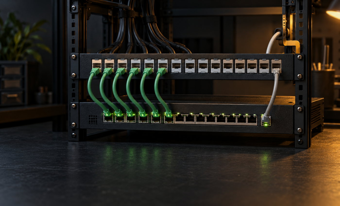 Keystone patch panel above a network switch with short green patch cords and one separate gray Ethernet connection