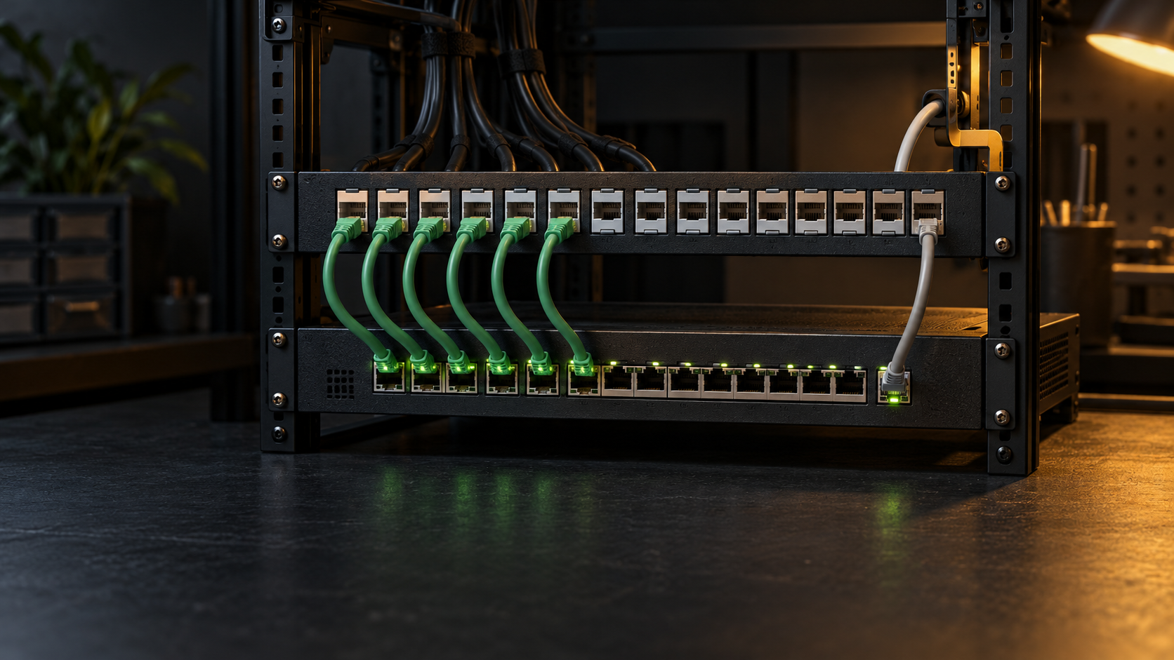 Keystone patch panel above a network switch with short green patch cords and one separate gray Ethernet connection
