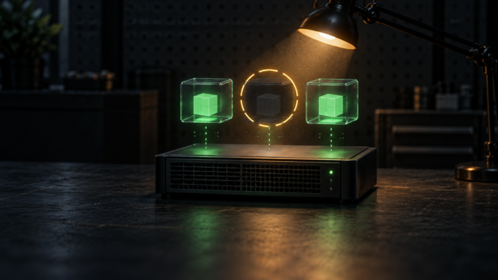 Three virtual machine cubes above a compact server, with the center cube dark inside an amber diagnostic ring