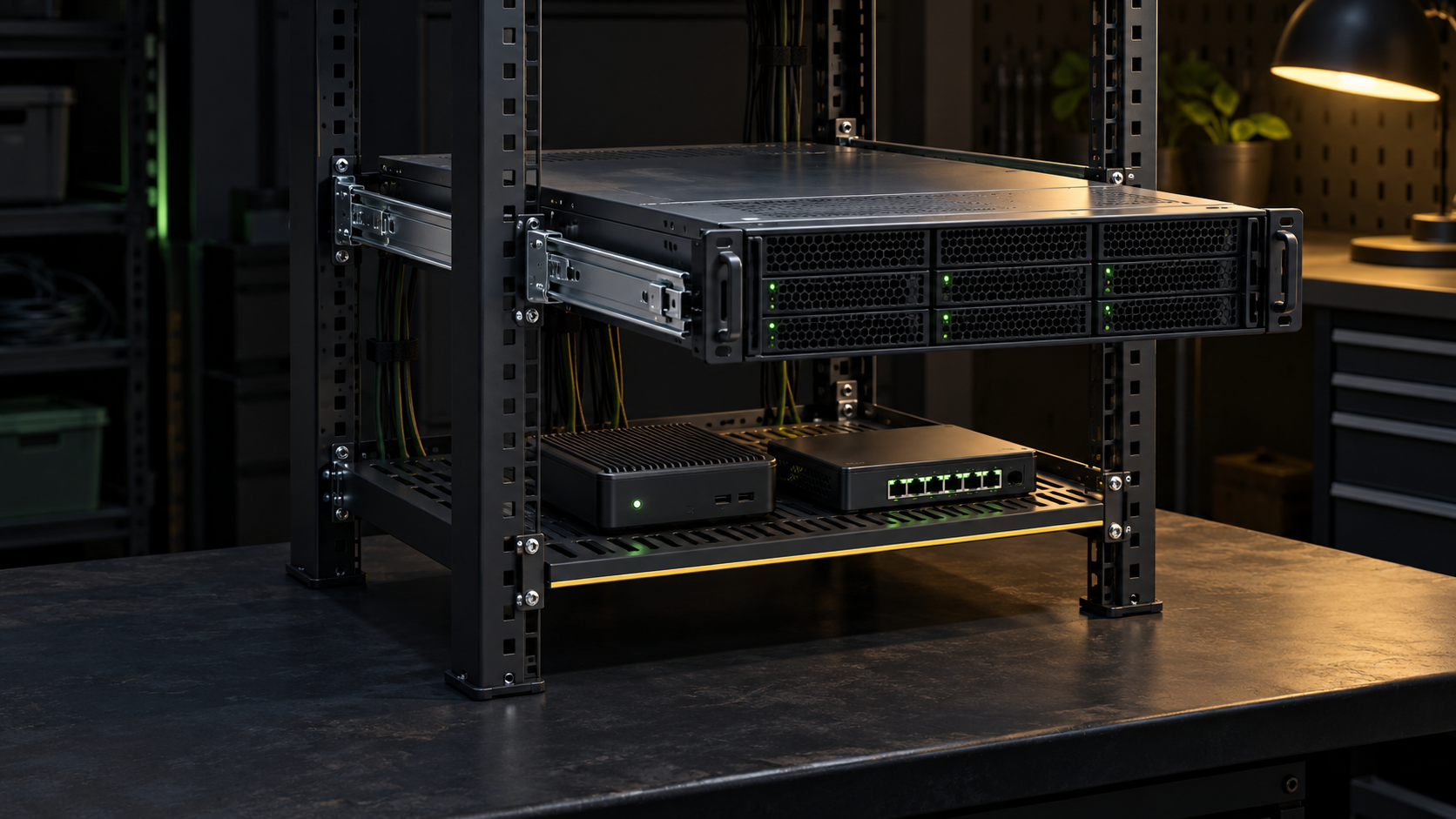 Rack server extended on slide rails above a vented four-post shelf holding a mini PC and network appliance